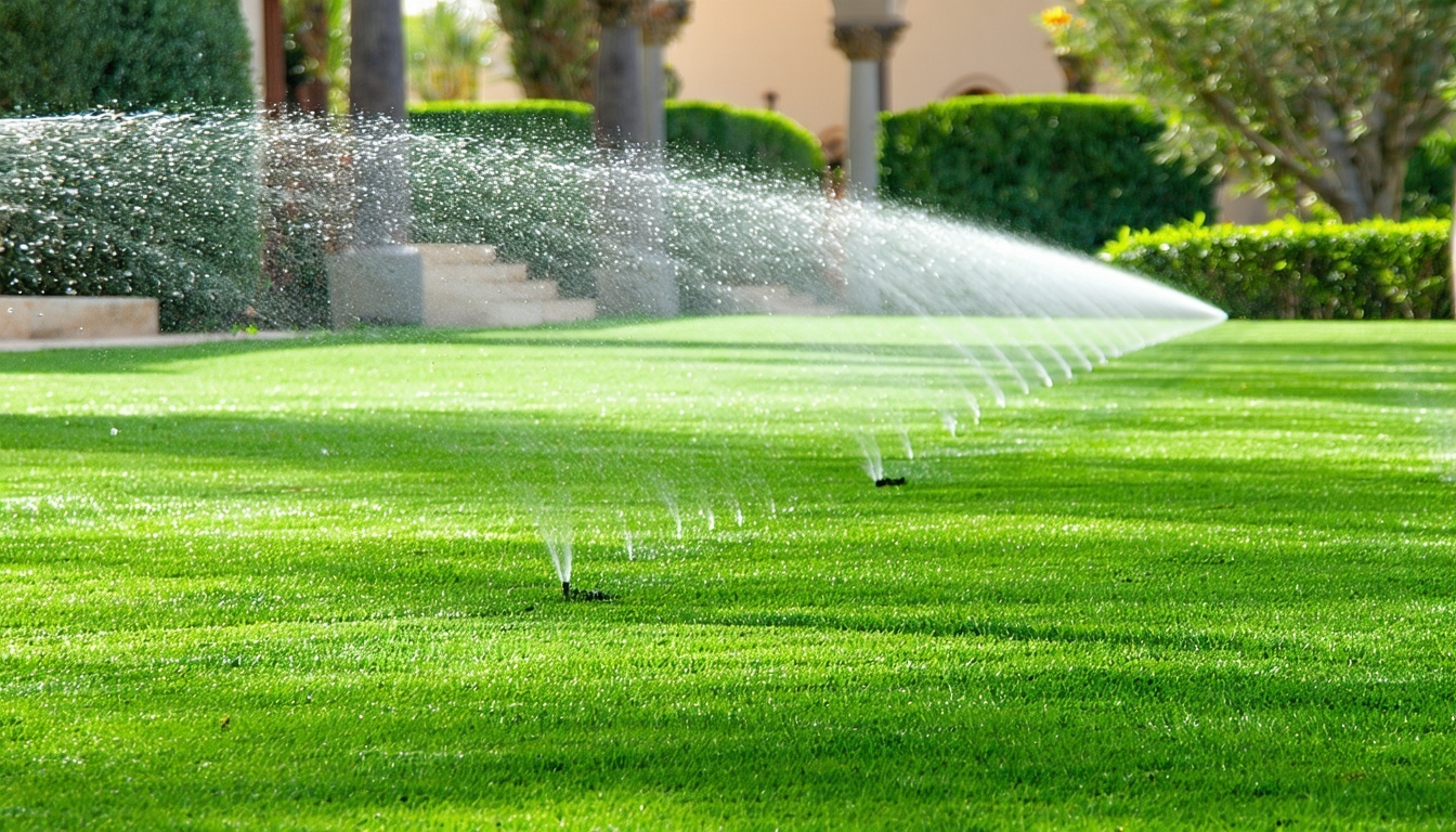 A lush, green lawn with an irrigation system at a